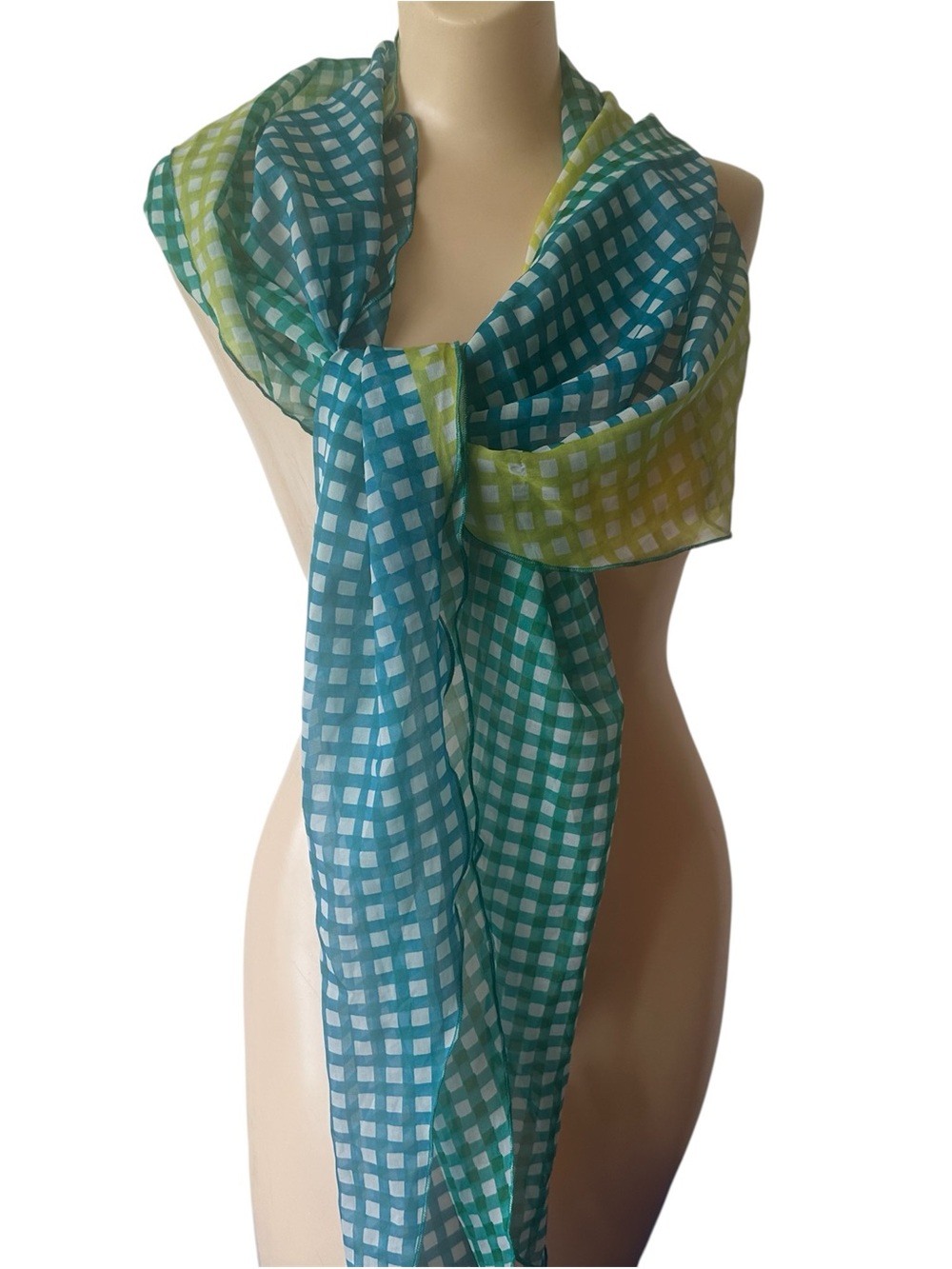 Whimsical Gingham Check Triangular Scarf Green Blue Yellow Boho Preppy Coastal